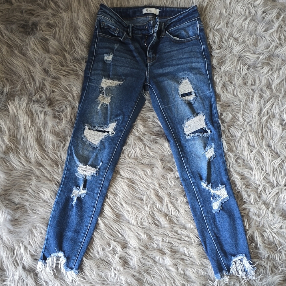 KanCan Distressed Medium Blue Skinny Jeans with Frayed Hem